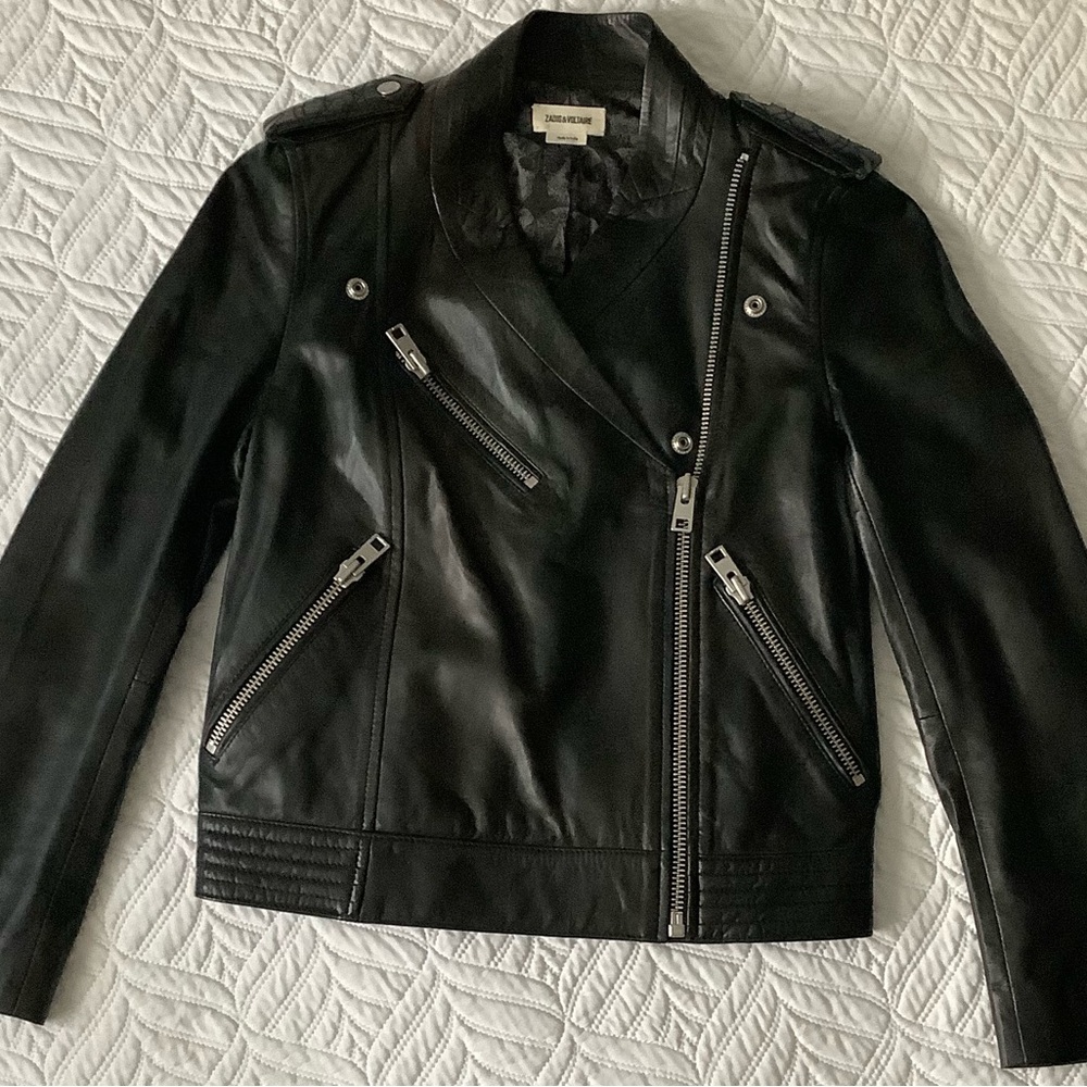 Zadig & Voltaire Black Leather Motto Jacket with Silver Accents